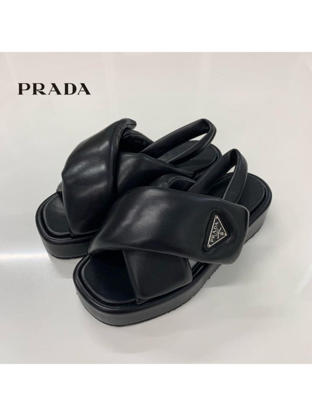 Prada Logo Padded Nappa Leather Platform Sandals Black